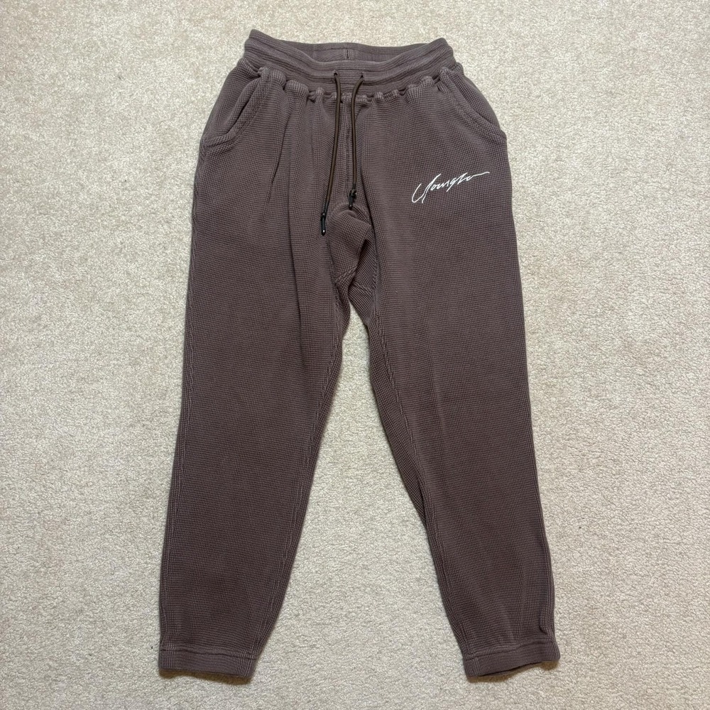 YoungLA Sweatpants Mens Medium Brown Waffle Knit Thermal Jogger Pants Lounge